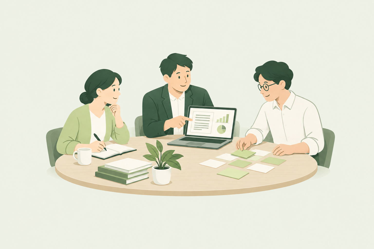 資料と画面を囲み、業務の課題や改善案を一緒に考える伴走支援のイメージ